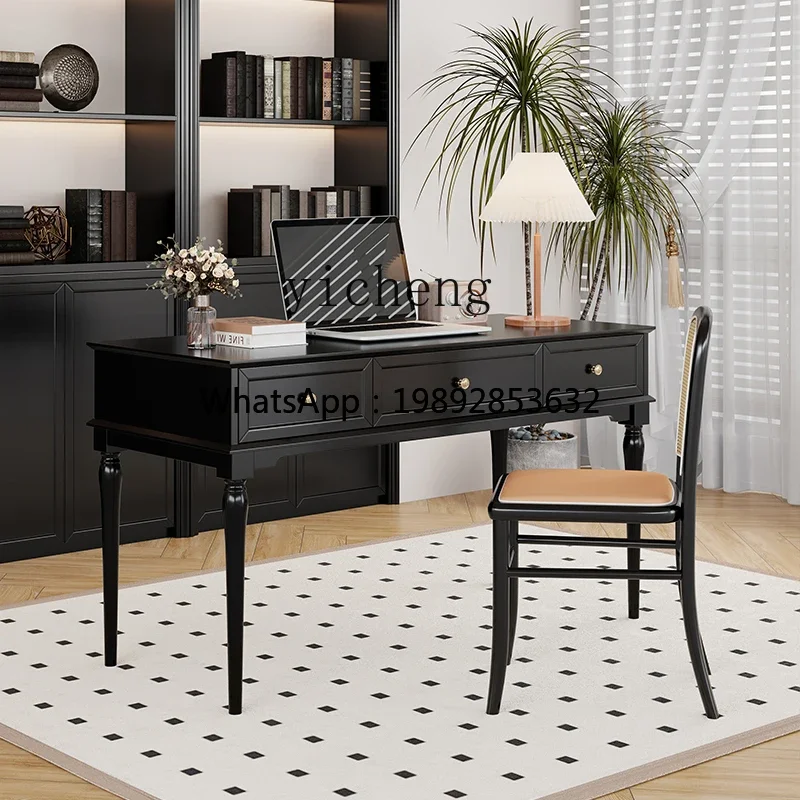 Solid Wood Desk Black Mid-century Style Small Apartment