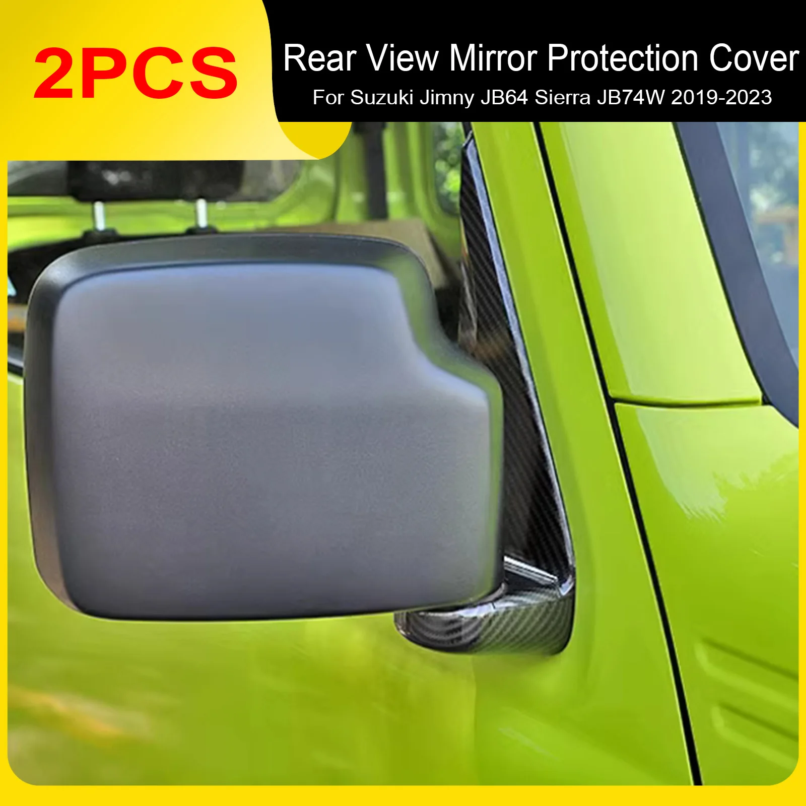 Decoratieve afdekking voor de achteruitkijkspiegel van een Suzuki Jimny JB64 Sierra JB74W, modeljaar 2019 en 2023. Exterieuraccessoire voor de achteruitkijkspiegel.