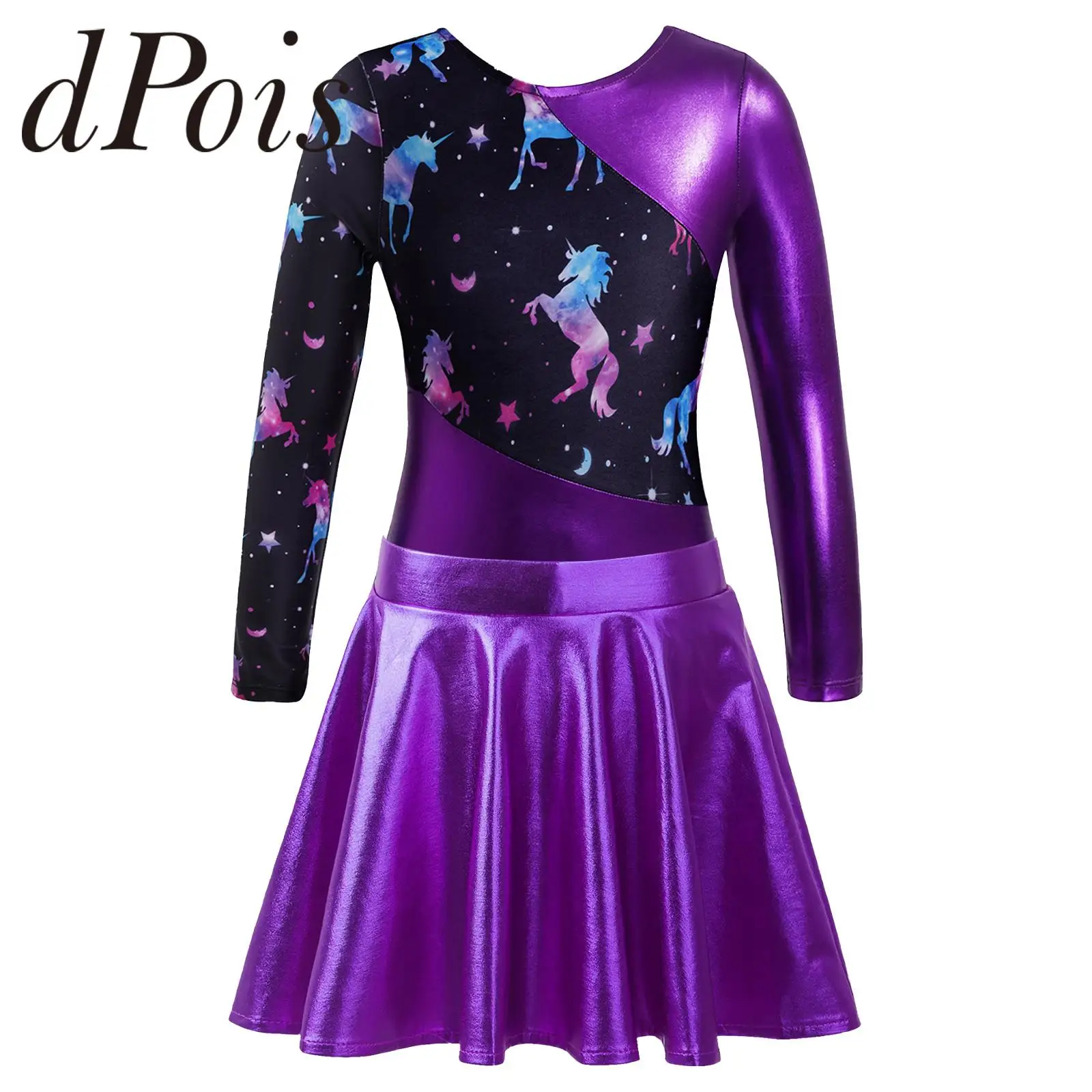 Kids Girls Metallic Gymnastics Jumpsuit Long Sleeve Printed Patchwork Tutu Leotard with Skirt Children Ballet Dance Outfit