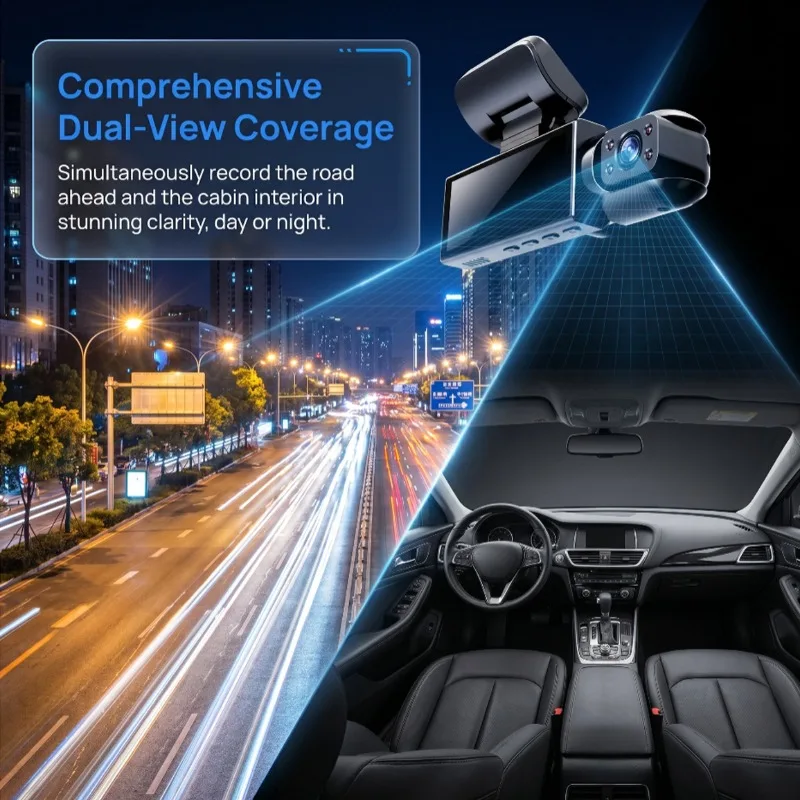 HD Night Vision Car Dash Cam 3‑Lens 3‑Way Recording 360° View Front Inside Rear Vehicle DVR Camera