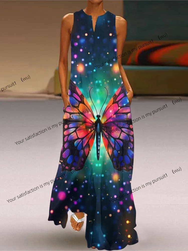 2023 sommer Neue Vintage Blume Gedruckt Lange Kleider Frauen Mode V-ausschnitt Lose Ärmelloses Kleid Casual Pendeln Vestidos Weibliche