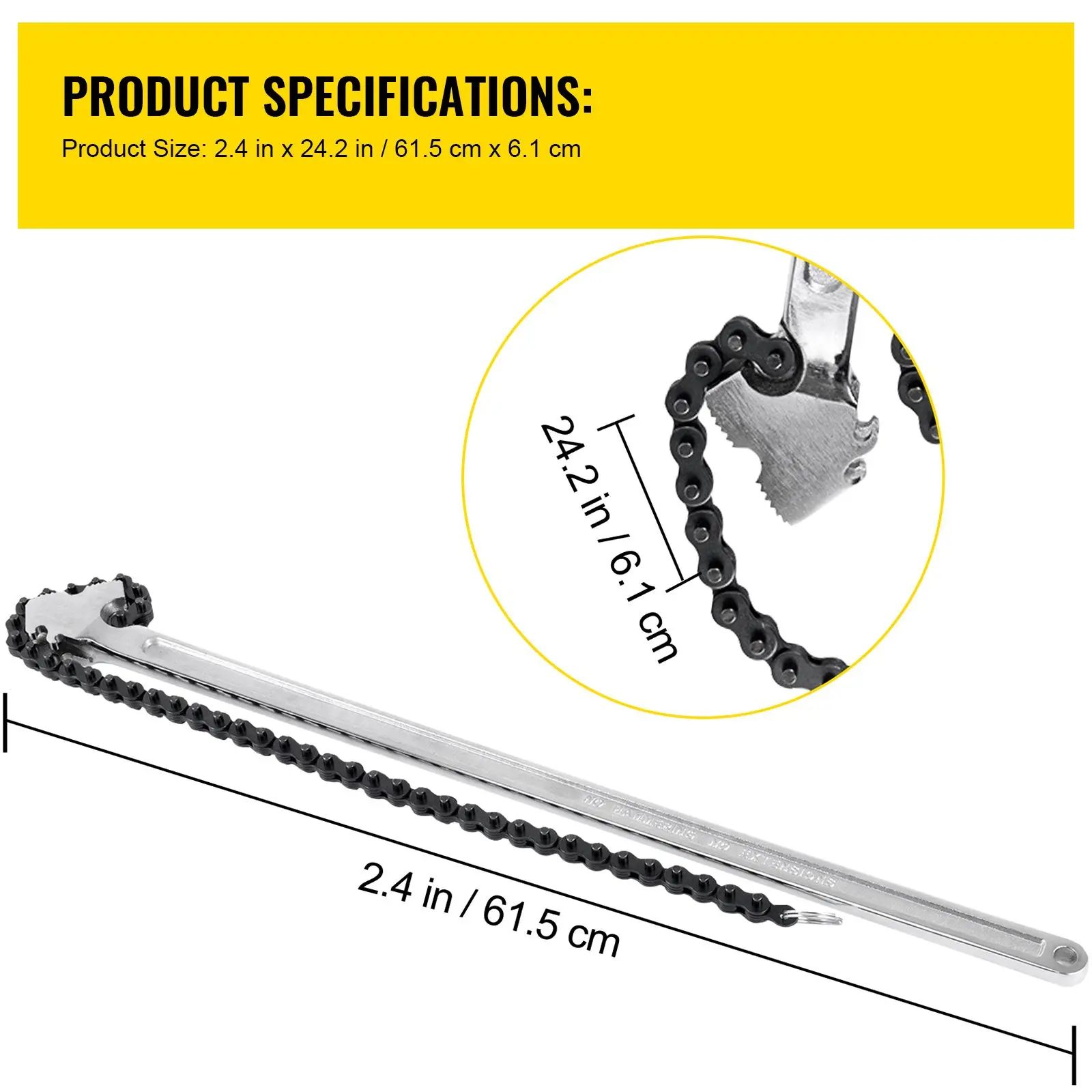 24inch Chain Wrench Carbon Steel Chain Pipe Wrench Heavy Duty 6.7 inch Diameter Capacity Chain Strap Filter Wrench