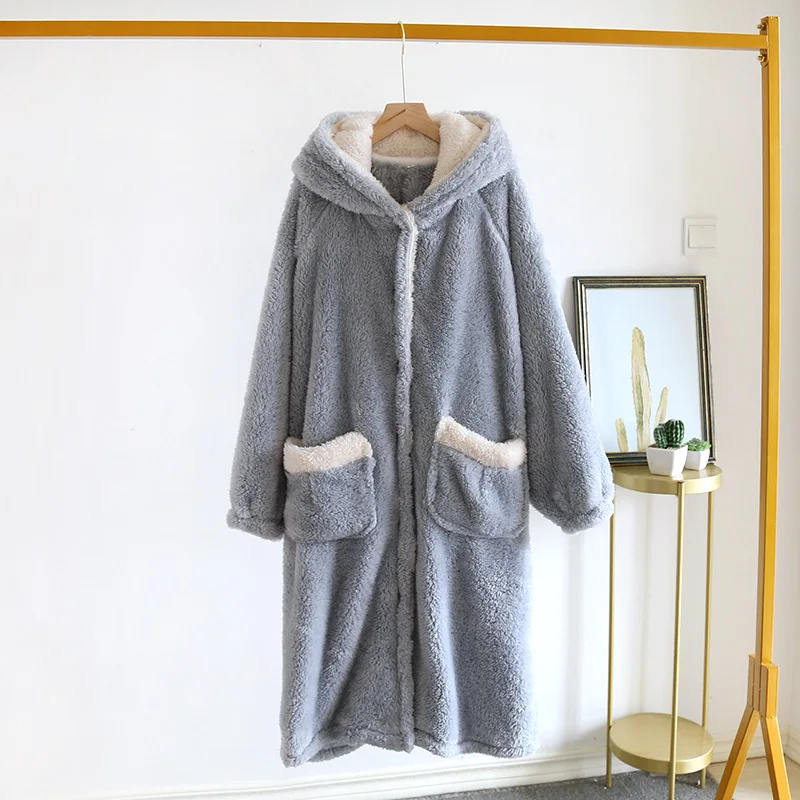 Thickened Coral Fleece Hooded Sleepwear Kimono Bathrobe Gown Winter Women Robe Nightgown Loose Warm Flannel Nightdress Home Wear