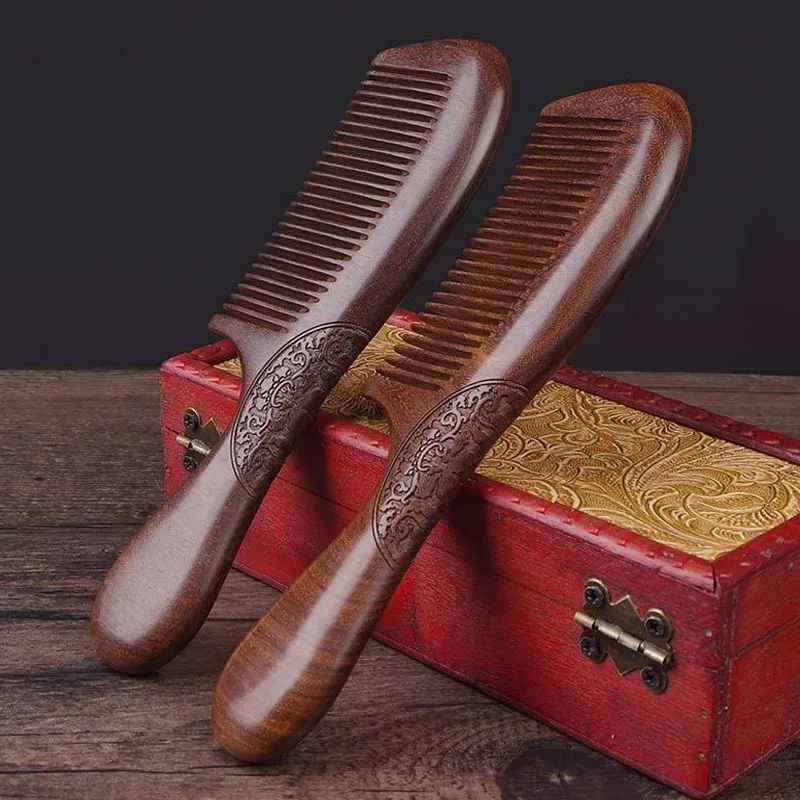 Wooden Comb with Handle Natural Sandalwood Anti-Static Hair Detangler Comb Double Sided Carving Head Scalp Massage