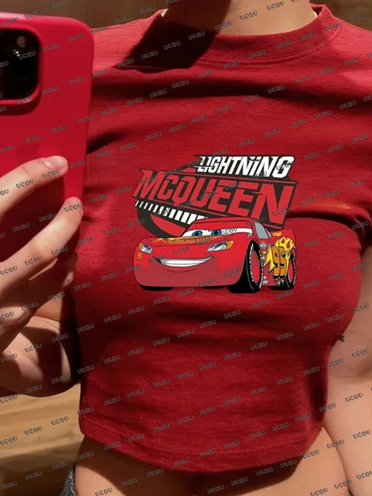 2025 Zomer Nieuwe Lightning Mcqueen Print T-shirt Voor Vrouwen Korte Mouw Crop Top Streetwear O-hals Tees Vintage Casual Y2k Tops