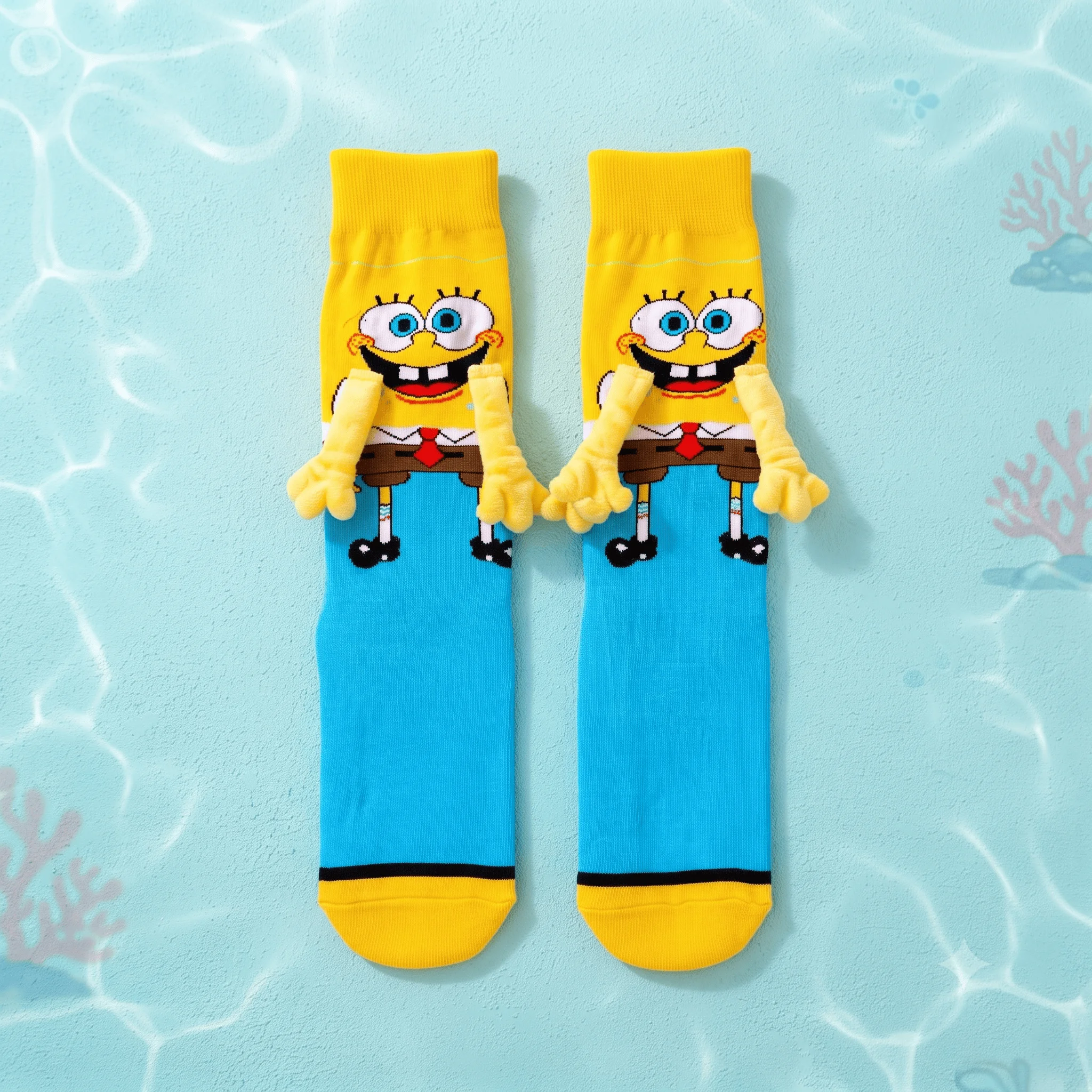 Kreative 3D Cartoon Socken SpongeBob & Patrick Händchen haltend Lustige Magnetische Crew-Socken aus Baumwolle Neuartiges Geschenk für Paare Streetwear – Detail 4