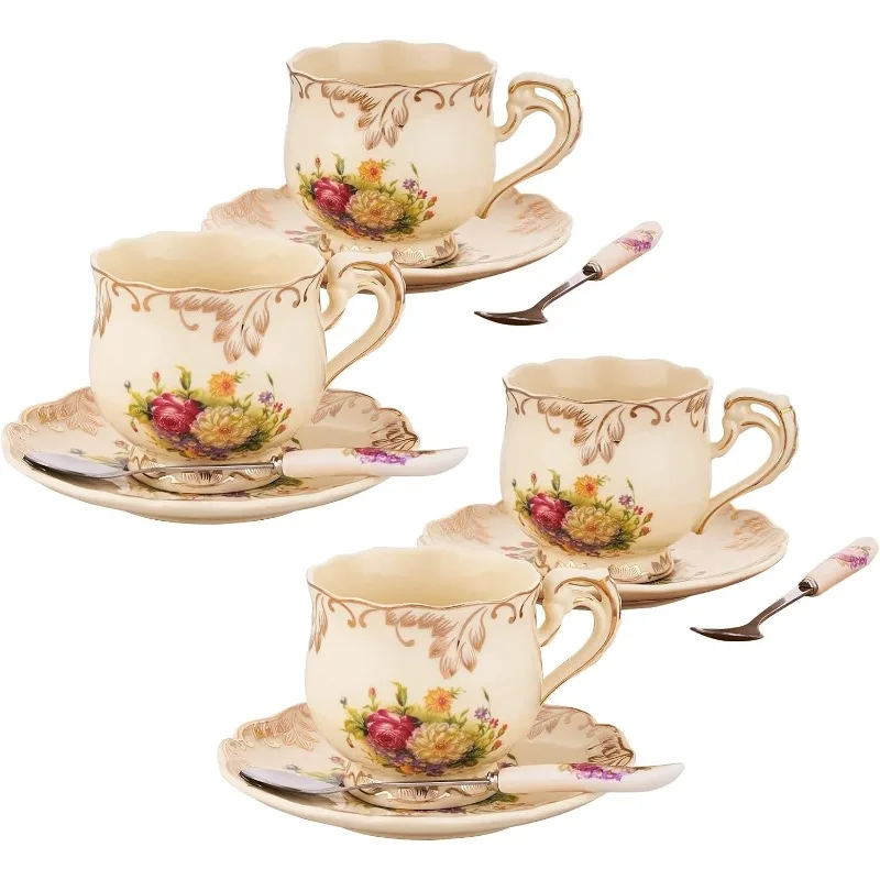 

Porcelain Tea Cups and Saucers Set, Vintage Floral Tea Cups Set,Ivory Gold Trim Floral Coffee Cups Set 8 Ounce(Floral Set of 4)