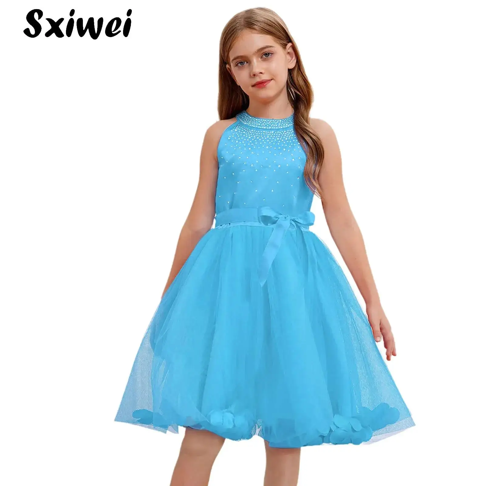

Rhinestone Flower Girls Party Dress Halter Sleeveless Bridesmaid Ball Gown Wedding Tulle Knee Length Skirt Princess Dress Up