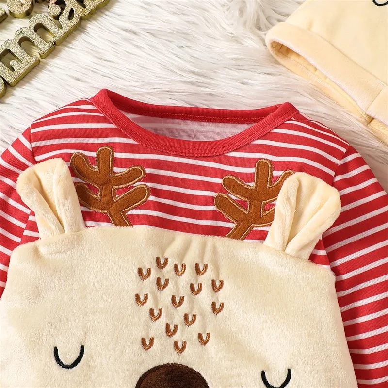 Baby 2Pcs Christmas Outfits Long Sleeve Round Neck Reindeer Romper Hat Set Holiday Clothes