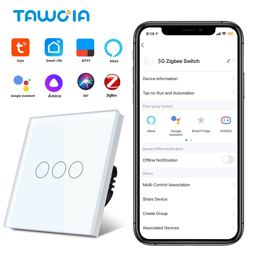 

Tawoia Zigbee Touch Switch 3 Gang Light Switch EU Standard Single Live Smart Touch Switch Work With Alexa Google Tuya Smart Life