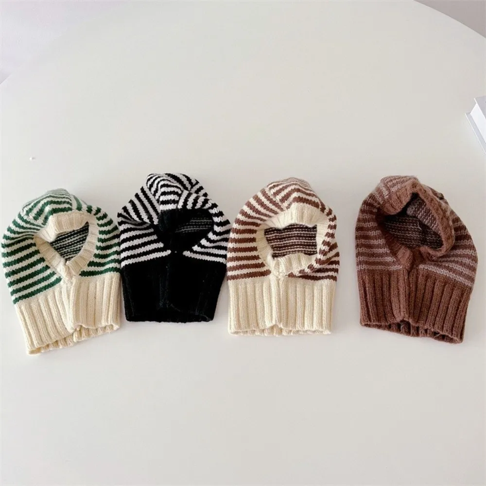 Striped Design Winter Kids Scarf Knit Material Hooded Style Knit Ear Protection Hats Balaclava Shape Ear Protection