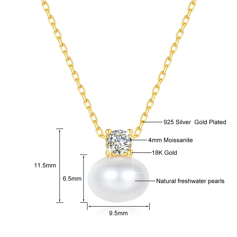 Moissanite Real 18K Yellow Gold Necklace Pendant Natural Freshwater Pearl Pure AU750 Fine Jewelry for Women Birthday Gift