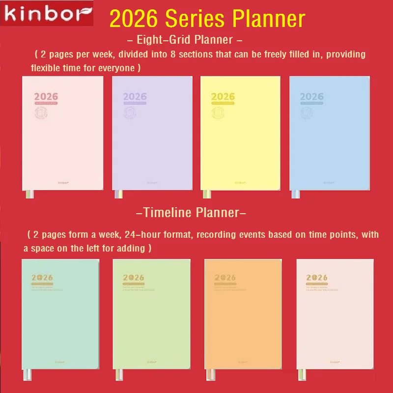 Kinbor 2026 دفتر مخطط إدارة الوقت الجدول الزمني/8-شبكة ترقيم الصفحات A5 PU جدول الأعمال مذكرات خطة أسبوعية شهرية
