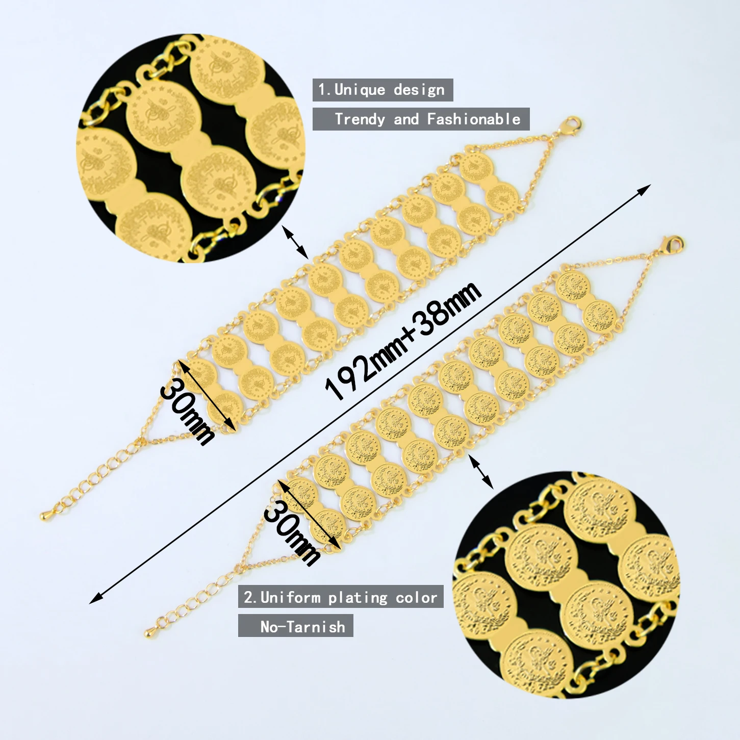 Turkish Coins Bracelet 21k Gold Plated Luxury Saudi Punk Wrap Bangles Arab Dubai Women Wedding Engagement Party Jewelry