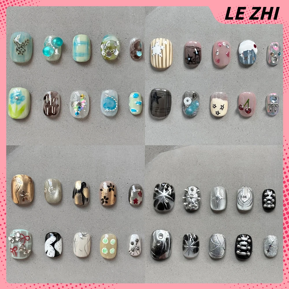 

10Pcs High-End Handmade Short Detachable Press On Nails Hand-Drawn Flowers Bowknot Love Diamond Pearl Sequins Full Cover Nails