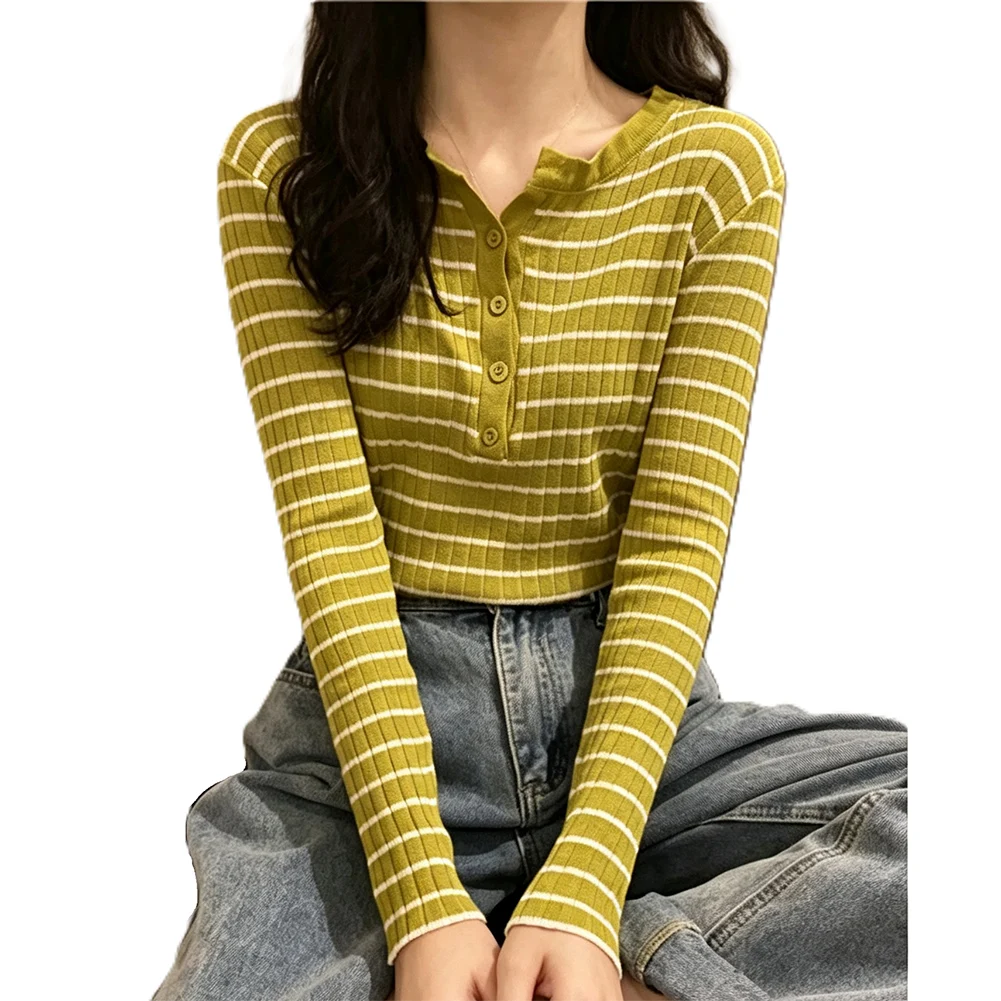Long Sleeve Knit T Shirt for Women Color Block For Stripe Polyester For Top for Vacation Holiday Office and Cycling