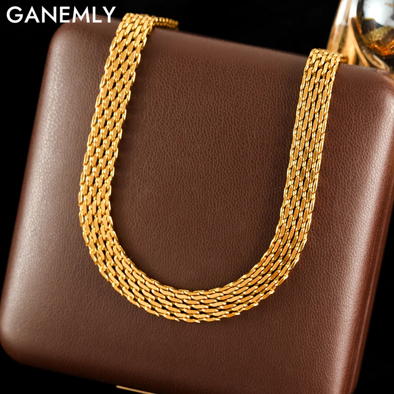 GANEMLY-Collar de cadena plana ancha de acero inoxidable 316L, joyería de alta calidad con textura de Metal, cadena para el cuello, bisutería de regalo