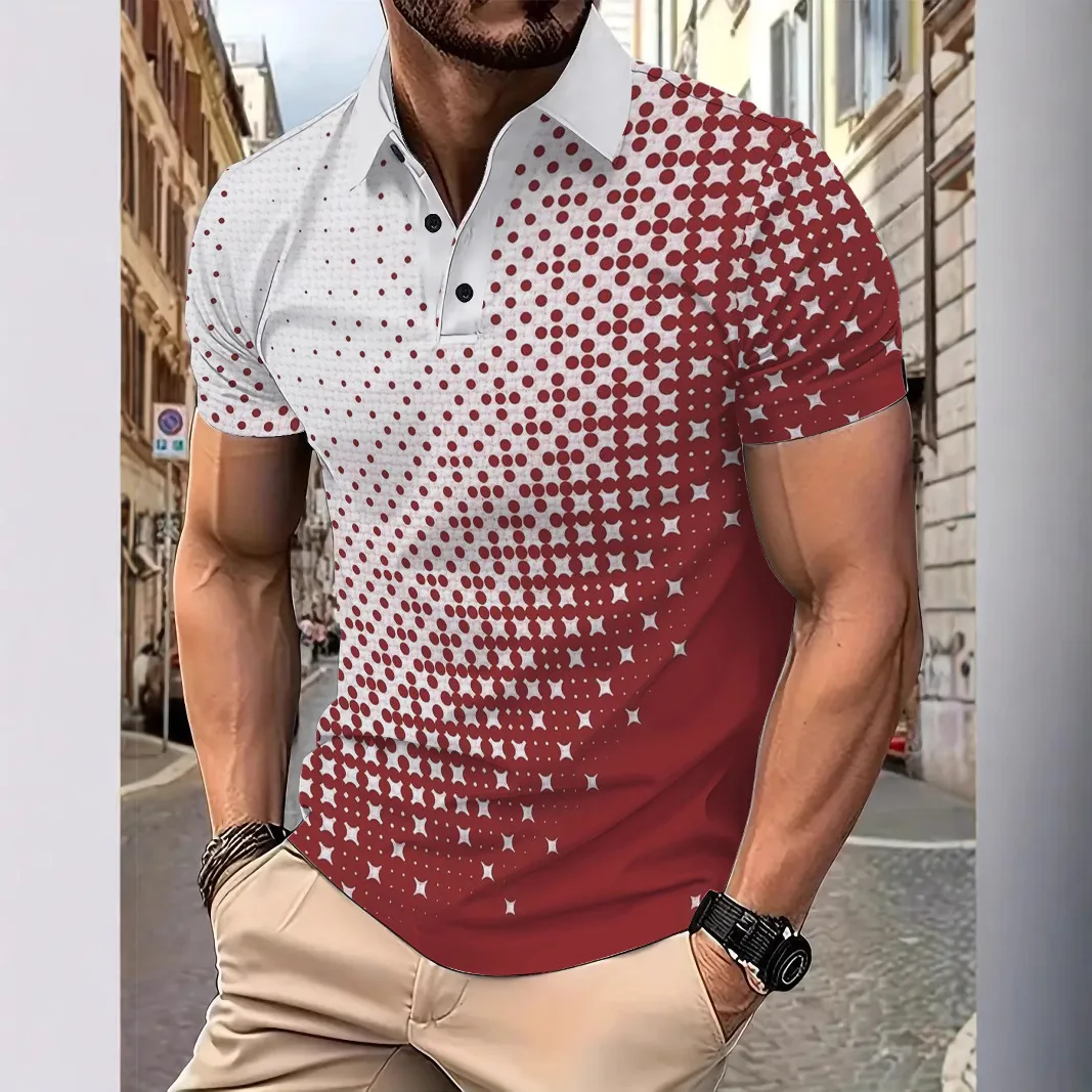 

2025 European and American Men's Summer Casual Short Sleeved Polo Shirt with 3D Printed Polka Dot Pattern