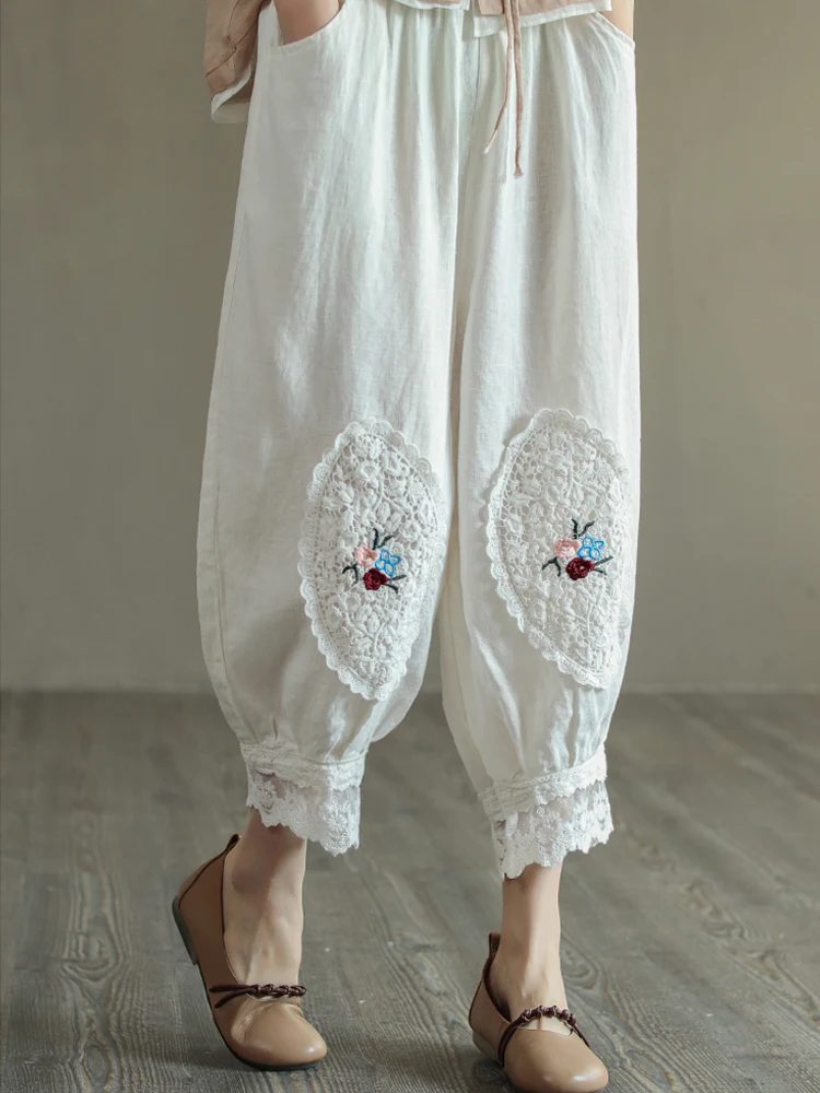 Women Casual Harem Pants New 2024 Summer Vintage Flower Embroidered Cotton Bloomers Female Ankle-Length Lantern Pants 4XL