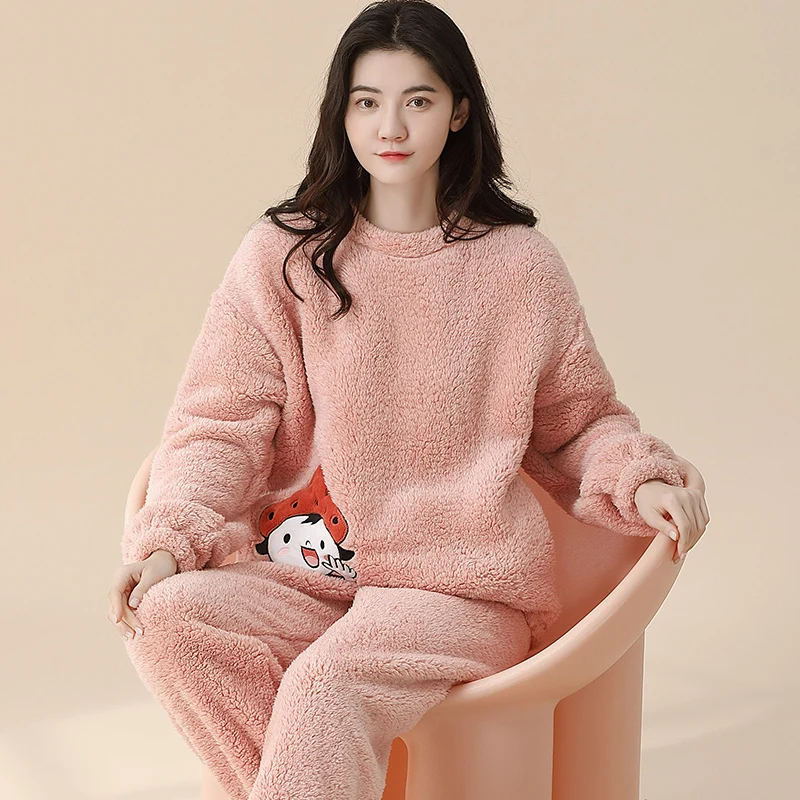 

Newest Winter Thick Warm Women Flannel Pajamas Set Cute Cartoon Homewear XXL Female Nighty