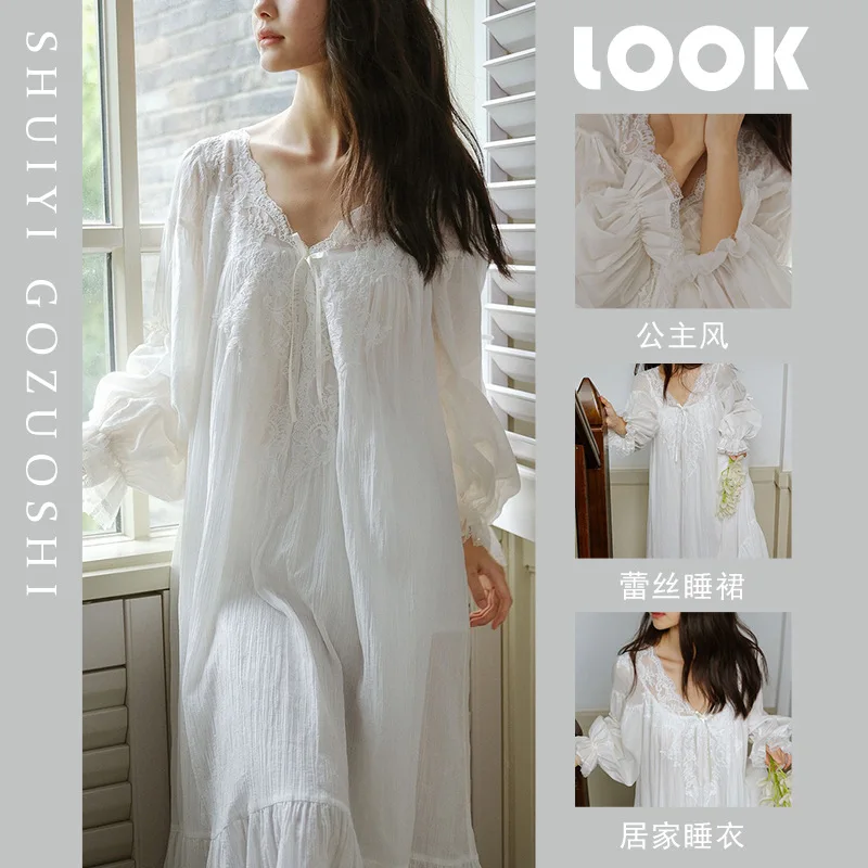 Women Spring Autumn Mesh Long Sleeve Nightgown Girls Teen Thin Princess HomeWear Soft Lady Comfortable Casual Loungewear Woman