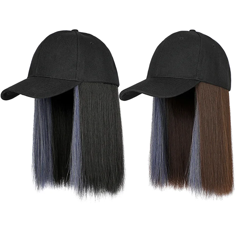 New Hair Extensions Medium Long Ladies Straight Mixed Wigs Hat Connected Head Cover Synthetic Baseball Peaked Cap Wig For Women