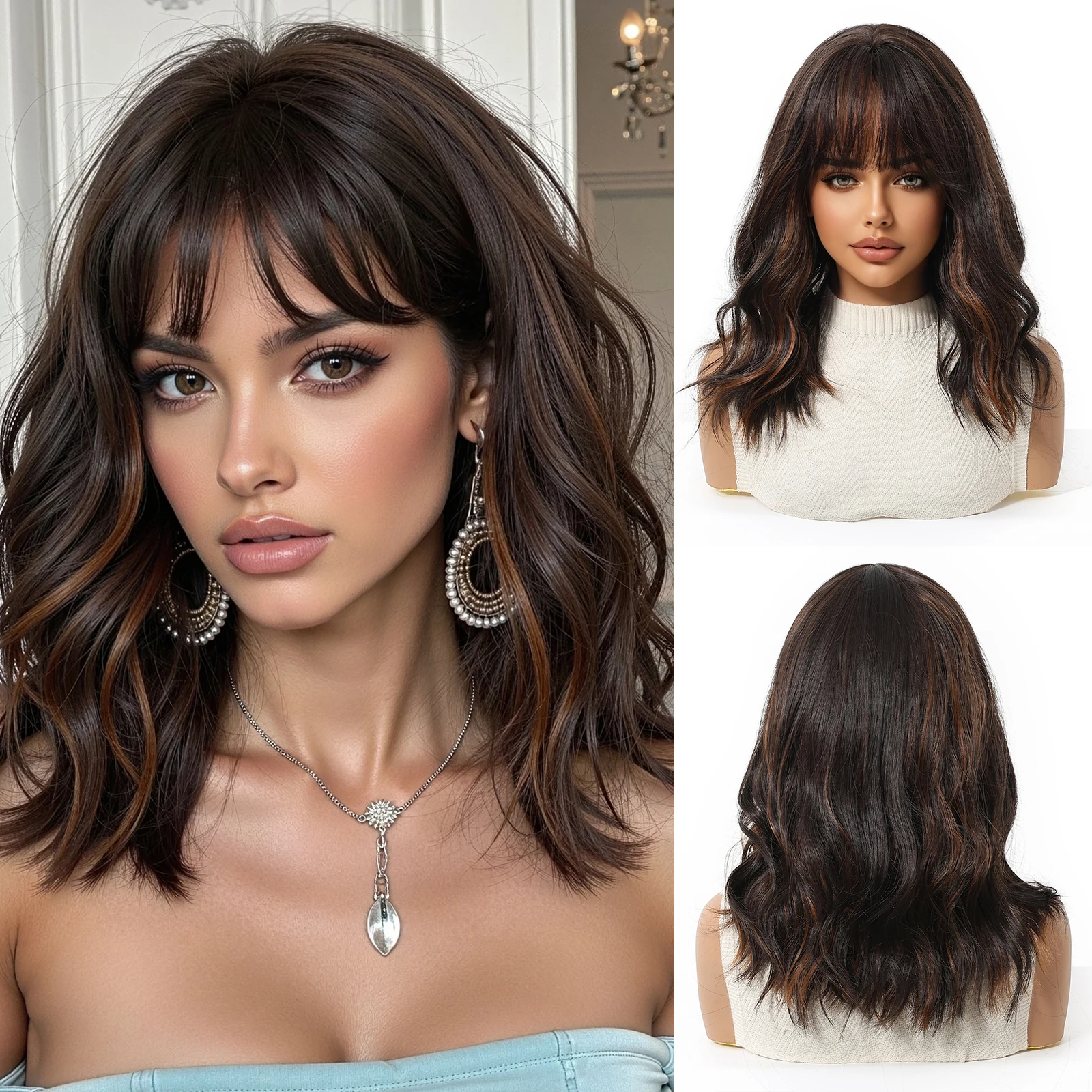 

Dark Brown Highlight Wigs Synthetic Curly Bob Short Wavy Wig with Bangs Daily Cosplay Lolita Fake Hair for Women Heat Resistant