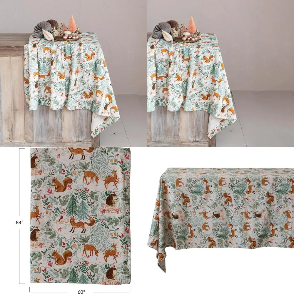 

Multicolored Woodland Scenery Cotton Tablecloth with Flora and Fauna