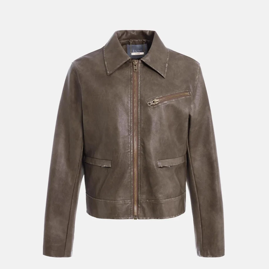 Slim Fit Retro Sle Jaet Damen Faionable Spicy Girl Kragen Stehender dünner Ledermantel für Damen der Herbstsaison