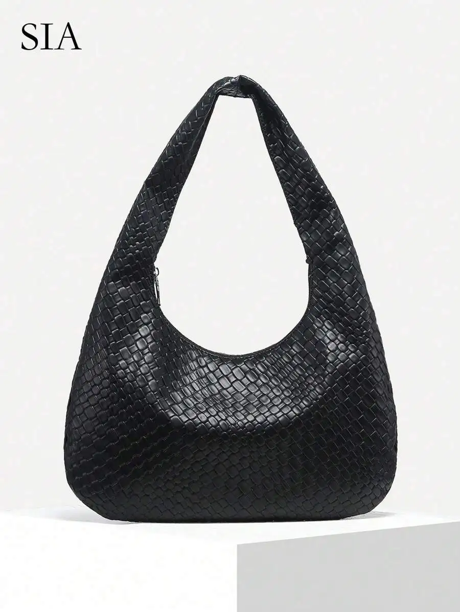 

Women's Black Woven Faux Leather Hobo Shoulder Bag, Large Capacity Casual Style
