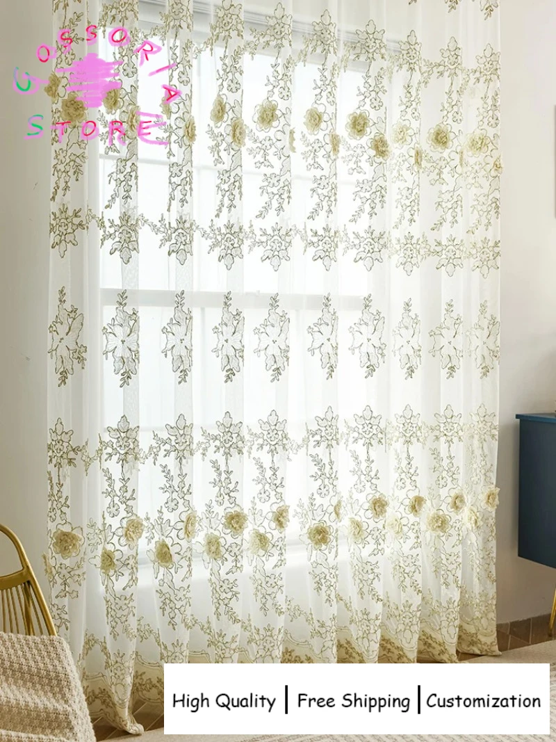

Sample Custom Luxury Blackout European Relief Embroidery White Tulle Sheer Curtains for Living Room Bedroom Window Drapes
