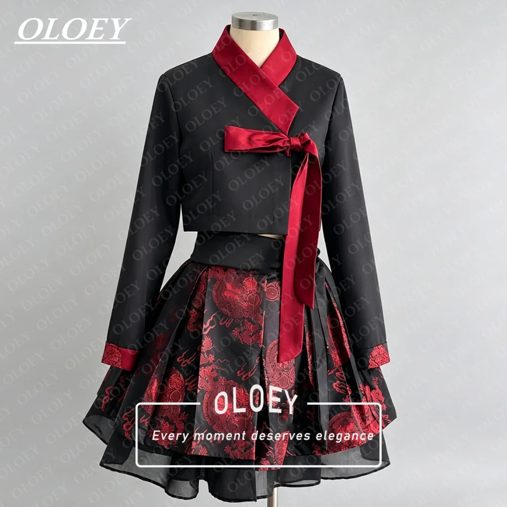 OLOEY Modern Short Hanbok Two Piece Black Red V Neck Long Sleeve Jeogori Pleated Mini Skirt Korea Photo Shoot Concert Customized