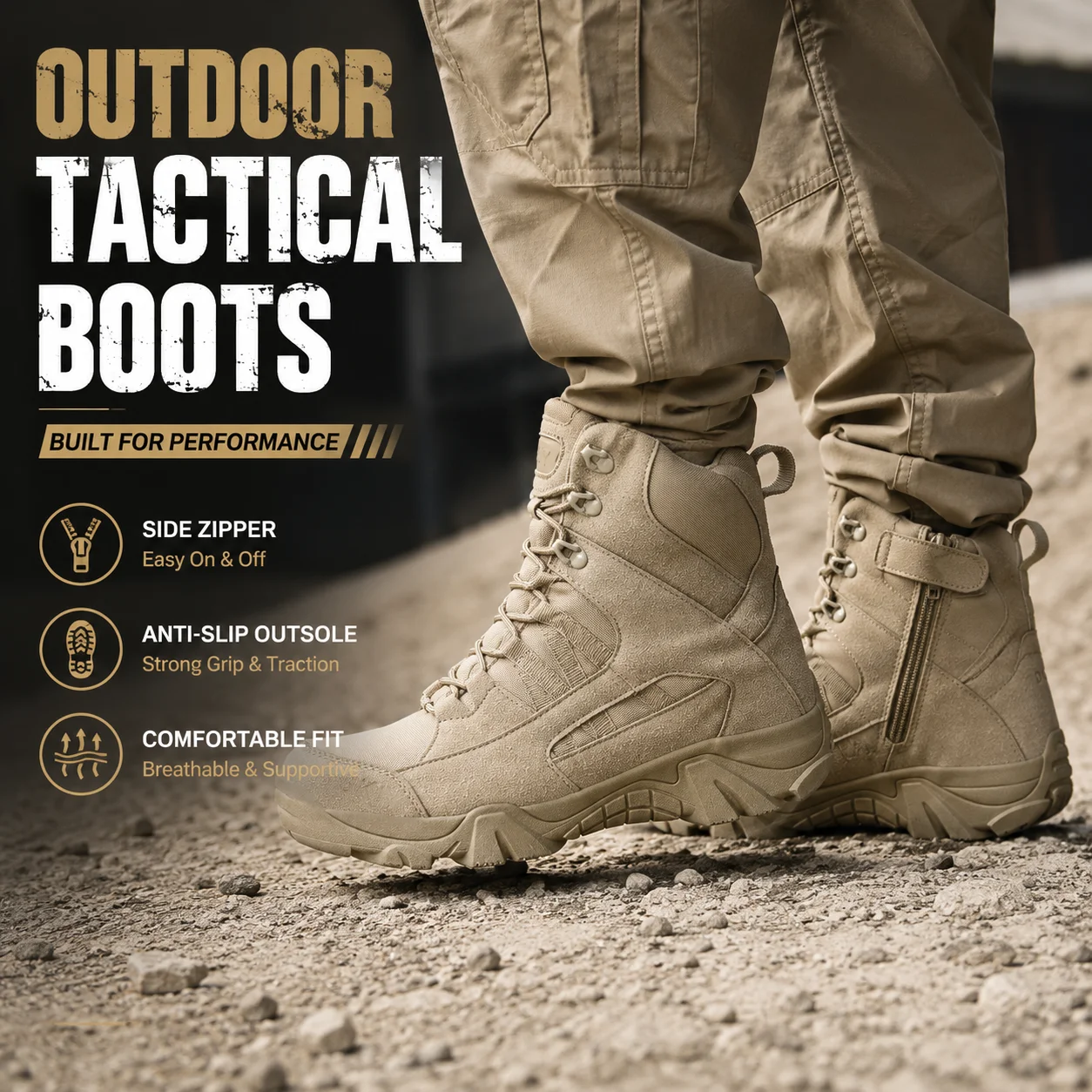 Outdoor Tactical Boots High Top Hiking Shoes Desert Combat Boots Waterproof Work Boots Side Zipper Camping Trekking Footwear