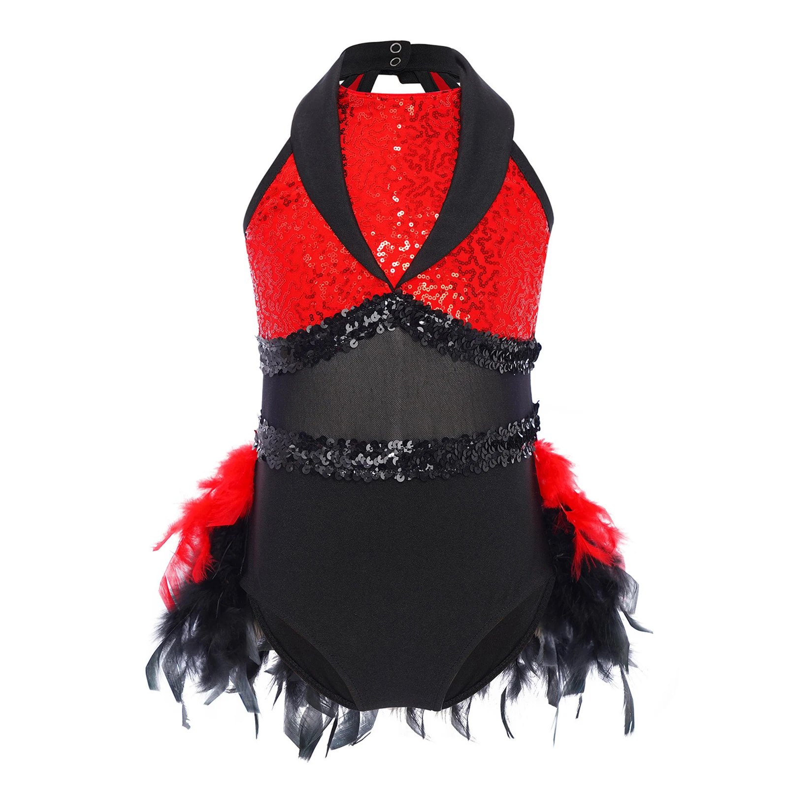 

Kids Girls Jazz Dance Costume Shiny Sequin Feather Trim Sleeveless Keyhole Back Leotard Latin Cha-cha Samba Waltz Dancewear