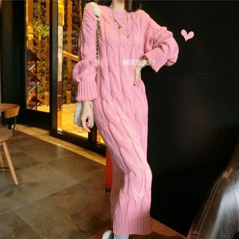 Twist O-neck Solid Sweet Simple Women Dresses Wool Thick Knee-length Dress 2024 Autumn Korean Chic Long Sleeve Vestidos Female