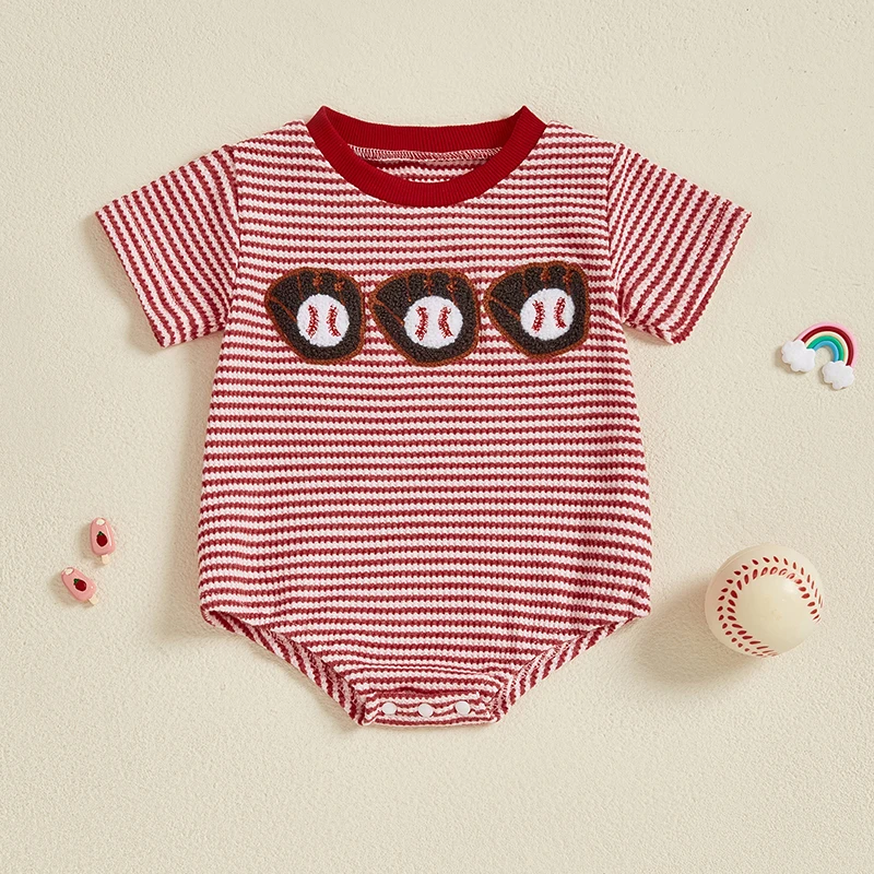 

Baby Boy Summer Waffled Romper Stripe Baseball/Fishing Embroidery Short Sleeve Jumpsuit
