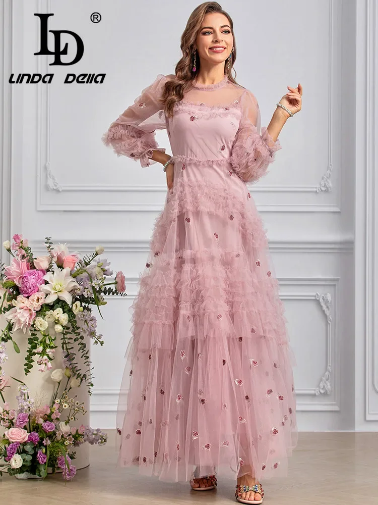 LD LINDA DELLA Summer 2024 luxury Designer Dresses for women Vintage Flowers Embroidery Net Yarn Ruffles Dresses Sizes S-4XL