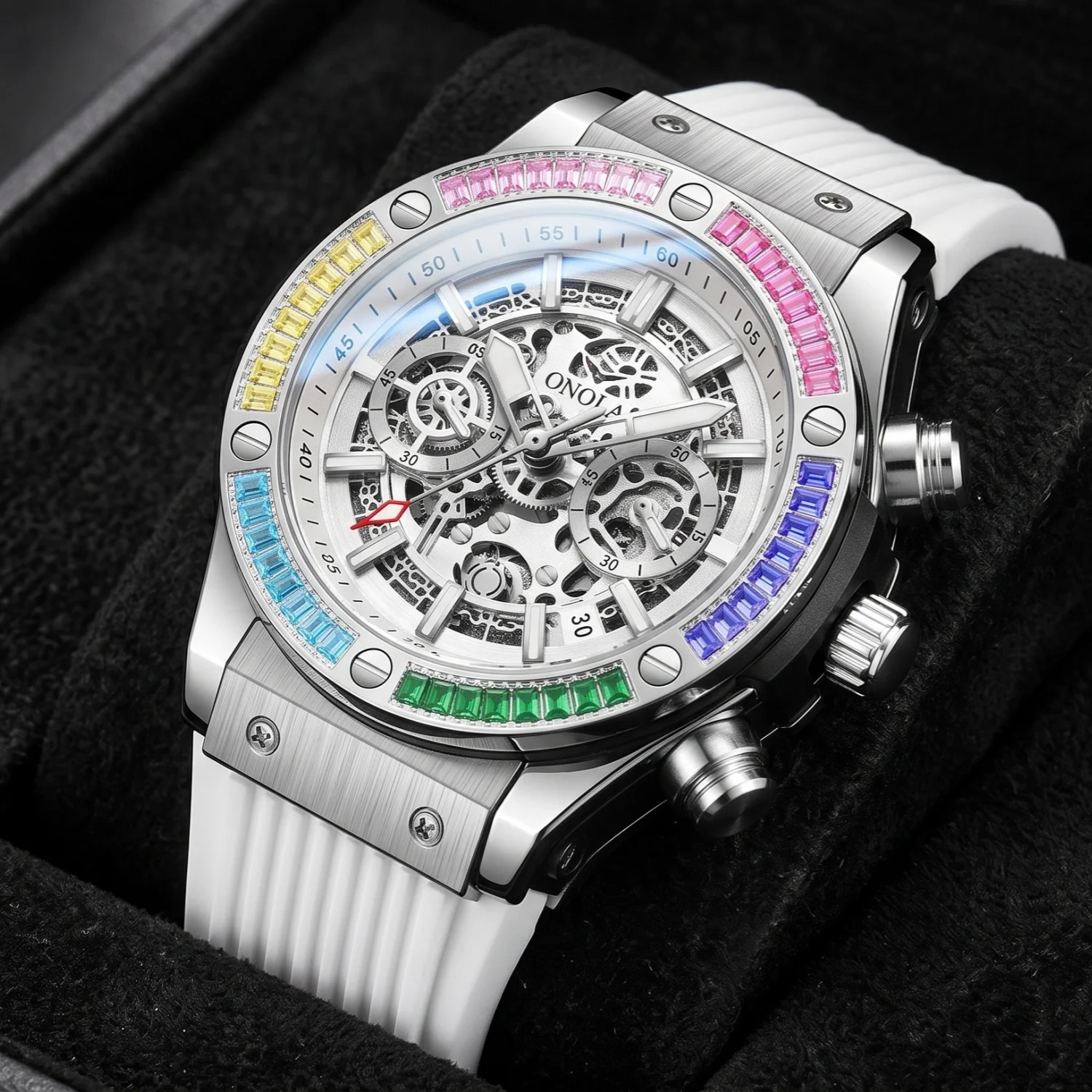 ONOLA Men's Luxury Quartz Watch With Colored Rhinestone Case, Hollow‑Out Dial, Multifunctional Date, Hip‑Hop Men's Party Gift