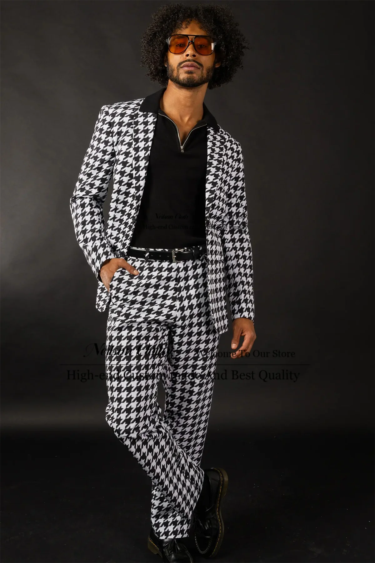 

Fashion Houndstooth Male Prom Blazers 2 Pieces Sets Peaked Lapel Groom Wedding Tuxedos Customized Casual Terno Masculino
