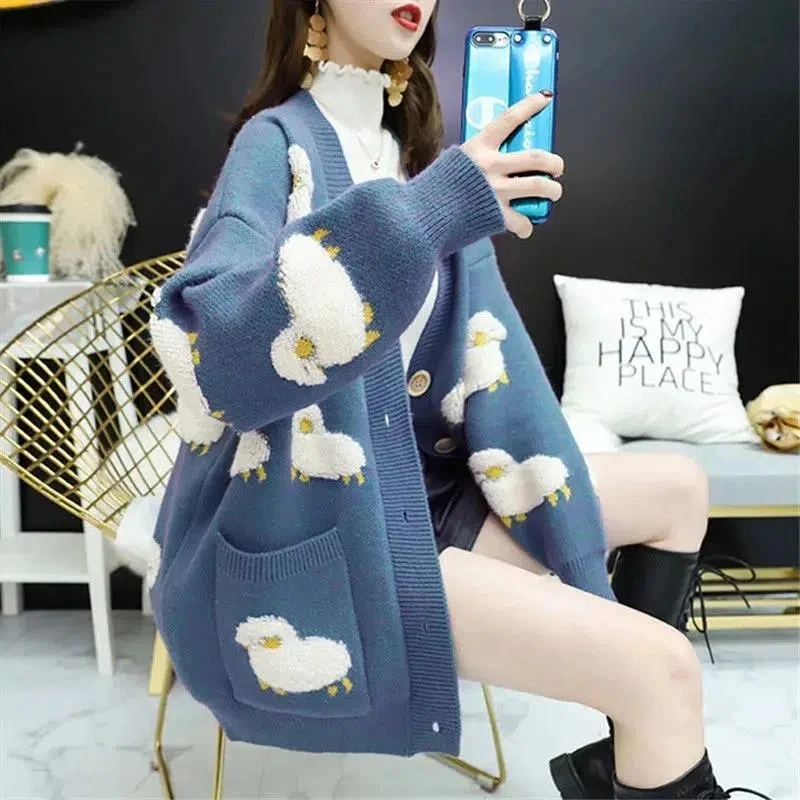 

Autumn Winter Women's Clothing Fashion Sweater Knitted Cardigan Jacket New Loose Long V-Neck Sweater Outside Wear Knitting Coat