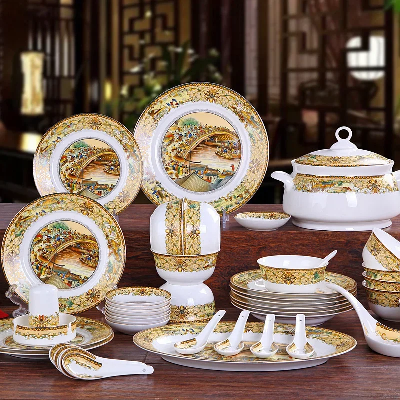 Chinese Light Luxury Ceramic Dishes Set, Jingdezhen  Full  Tableware, Business Gift Plates, Elegant Dining Bowls