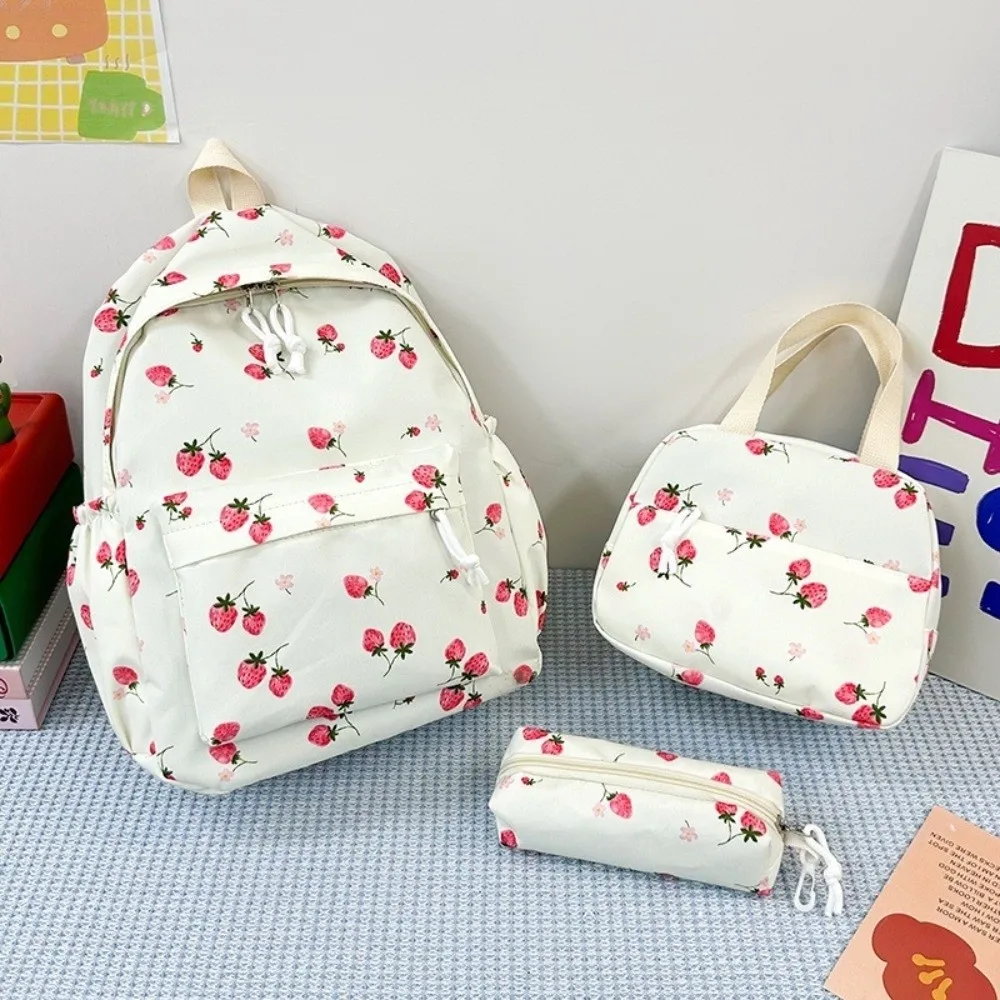 Oxford Cloth Strawberry Backpack Large Capacity Adjustable School Bag Preppy Style with Lunch Bag & Pencil Case Travel Backpack