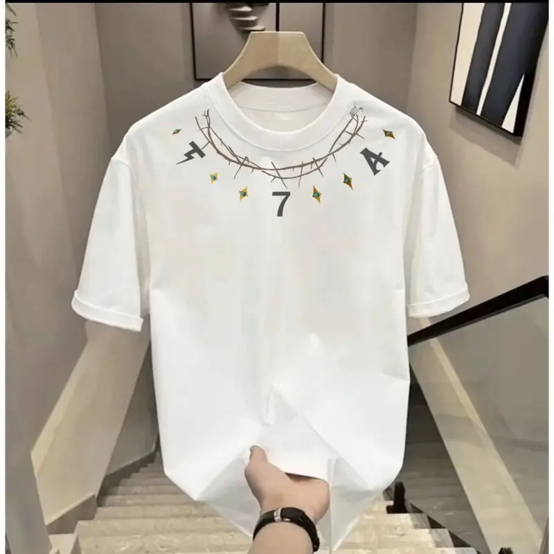 Minimalist Pure Cotton T-shirt Summer New Men\'s Crew Neck Subtle Necklace Printed Fashionable Loose Casual Short Sleeve Tops