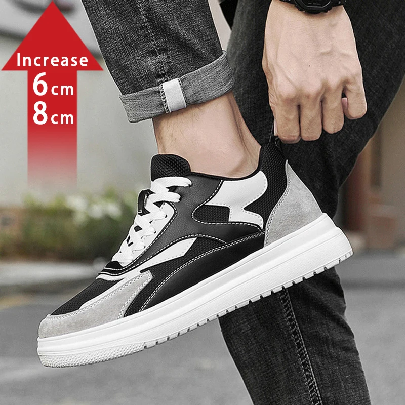 New Men Trendy Leather Sneakers Elevator Shoes Invisible Breathable Heightening Shoes 8/10cm Men's Casual Fashion Light Sneakers