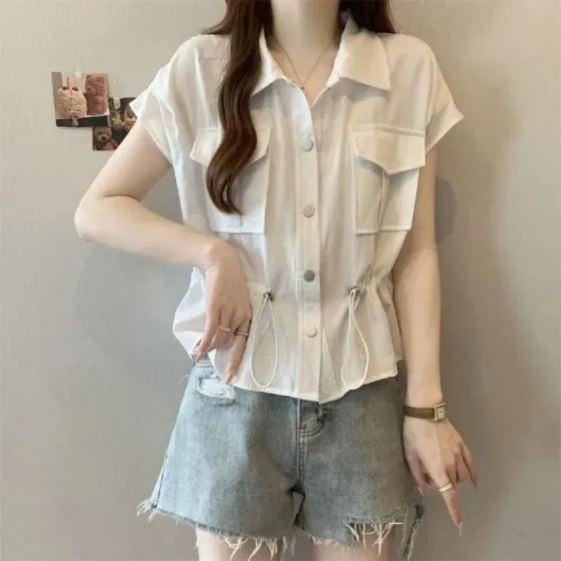 

Women's Loose PLOL Collar Work Shirt Women's Short Sleeve Versatile Solid Color Button Spliced Drawstring Casual Top