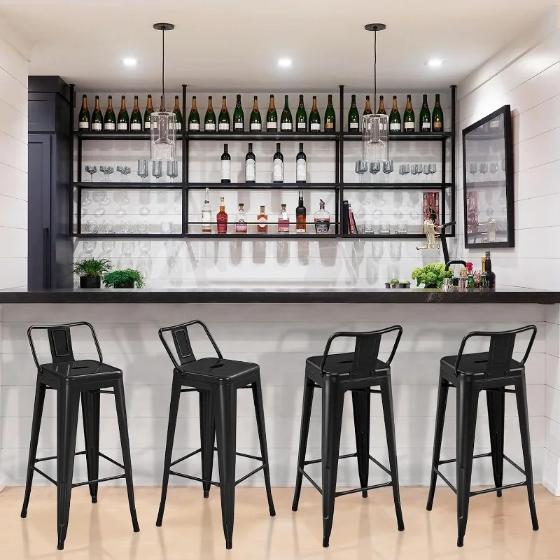 Metal Bar Stools Set para cozinha, bancas de balcão altura, costas baixas, interior e exterior, cadeiras industriais modernas, 26 in, conjunto de 4