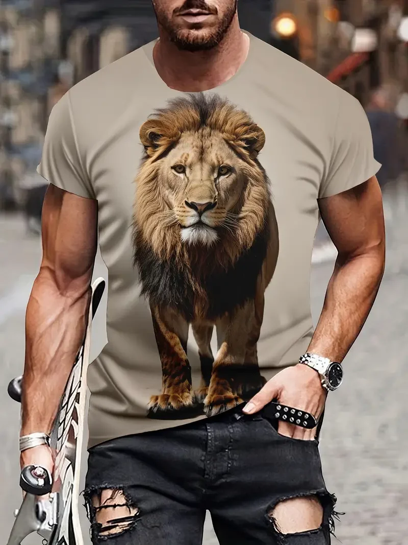 Summer Fashion Casual Cool Lion Graphic T-shirt For Men Trend Classic 3D Printed Animal Pattern Round Neck Short Sleeve Tees Top