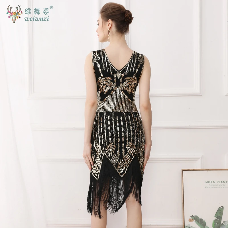하이웨이스트 빈티지 V넥 시퀸 수제 비즈 자수 태슬 밑단 조끼 찰스턴 댄스 & 칵테일 파티 드레스 플러스 사이즈