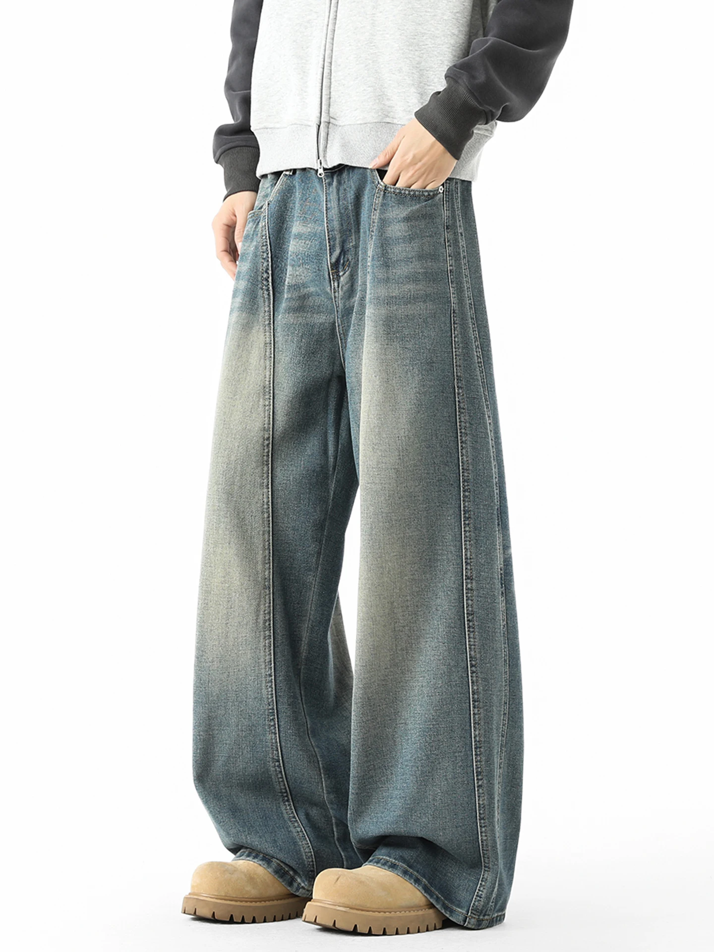 

Мужские джинсы в стиле ретро-патчворк, весна 2026, прямые, свободные, широкие штанины, в американском стиле, повседневные, из смесового хлопка и полиэстера