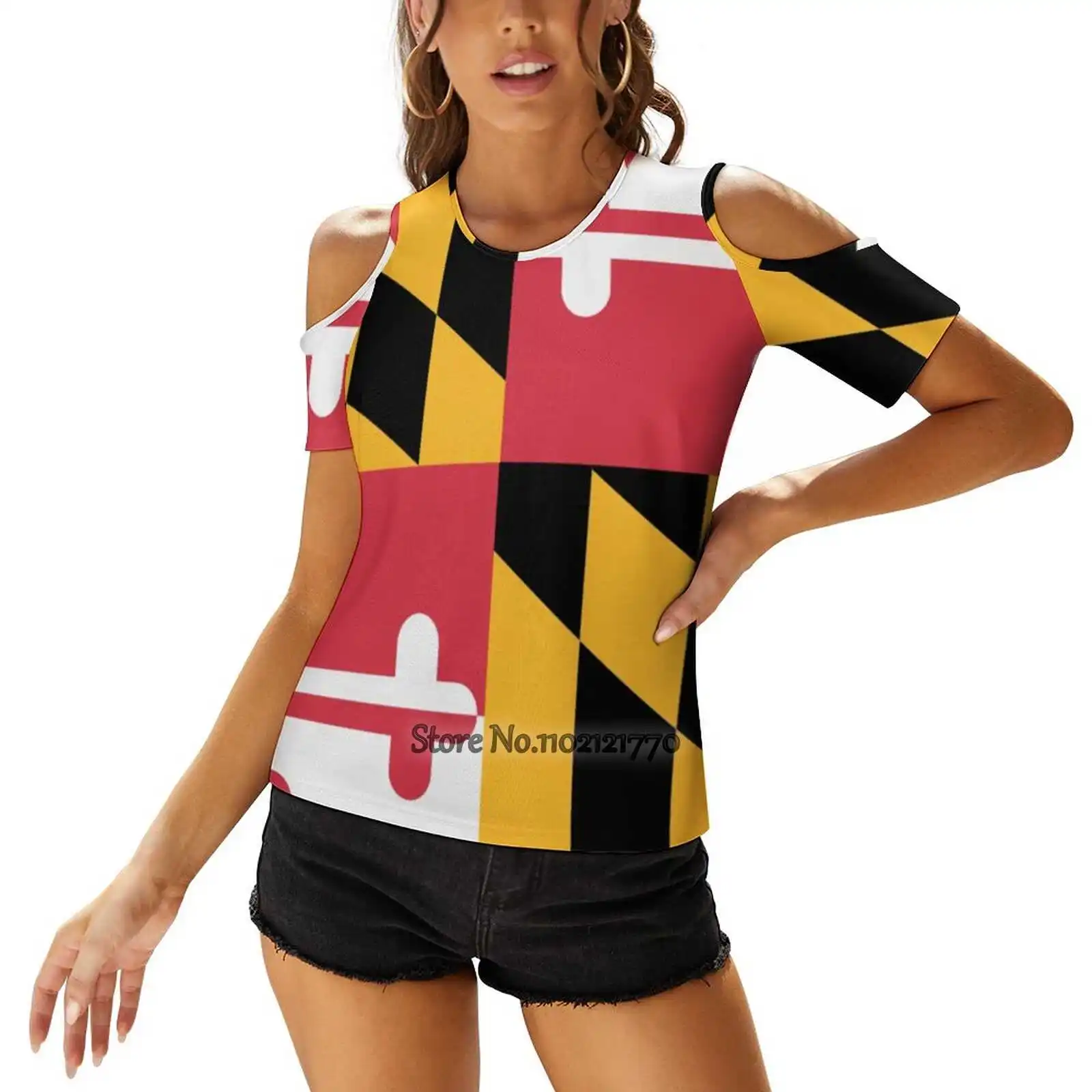 Maryland State Flag Woman Tshirts Printed Tops O-Neck Back Lacing Top Fashion Graphic T Shirt Maryland State Flag Patriotic Y2K